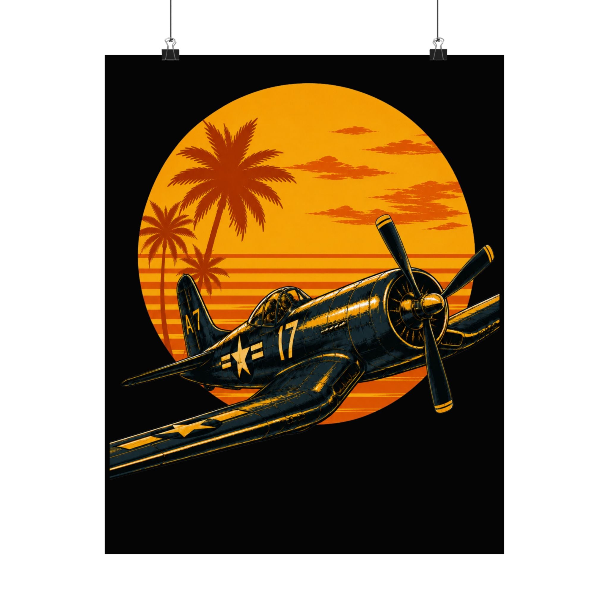 Vintage Warplane Poster — Retro Sunset Corsair Matte Vertical Print