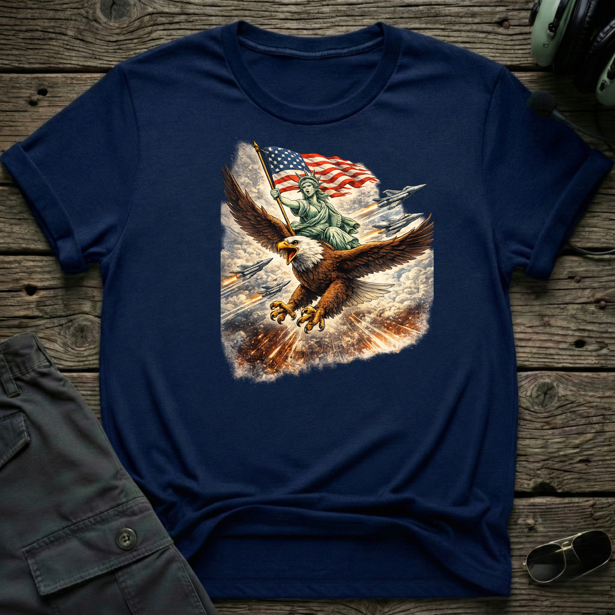 Patriotic Eagle & Flag front view - premium aviation tee for pilots