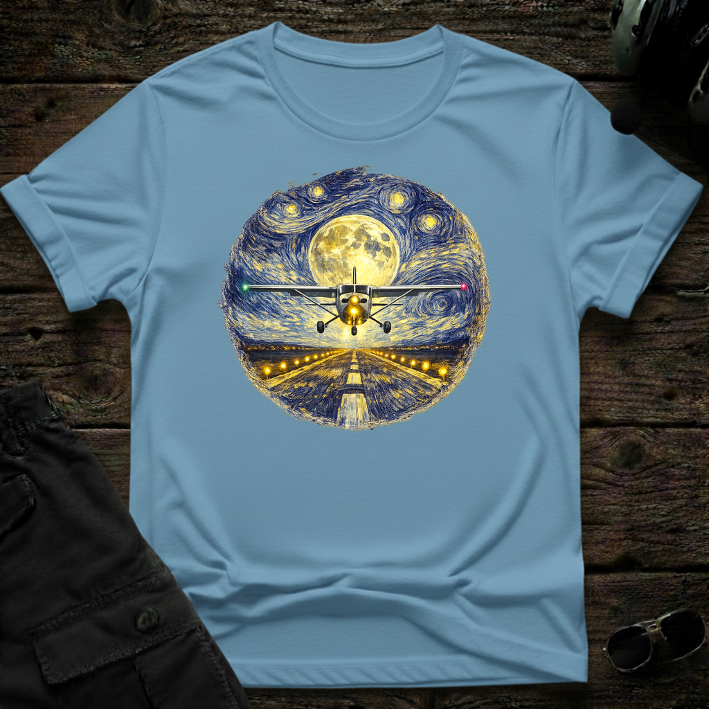 Aviation art tee featuring Cessna aircraft under a moonlit starry sky