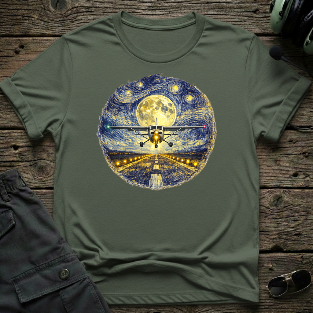 Cessna night flight t-shirt - airplane landing under Van Gogh starry night sky