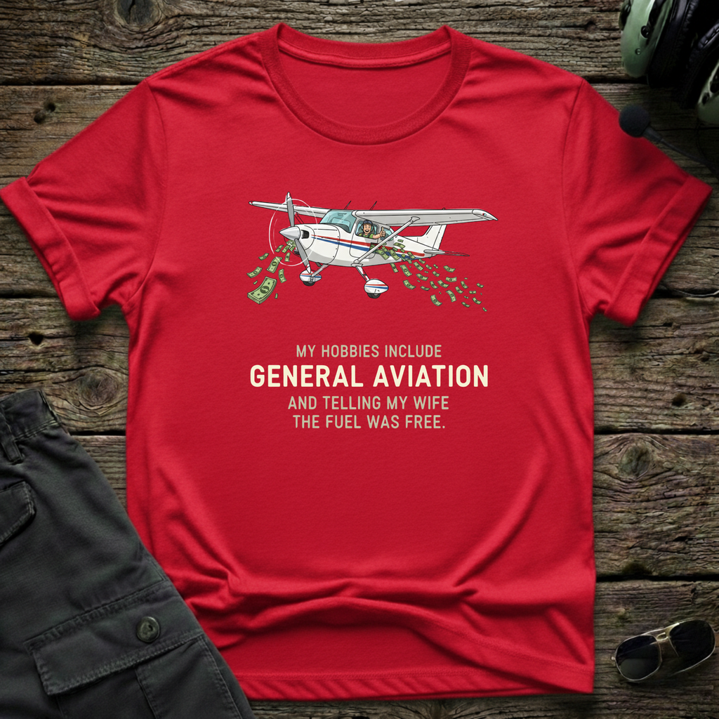 Free Fuel pilot t-shirt front view - funny aviation gift for aviators