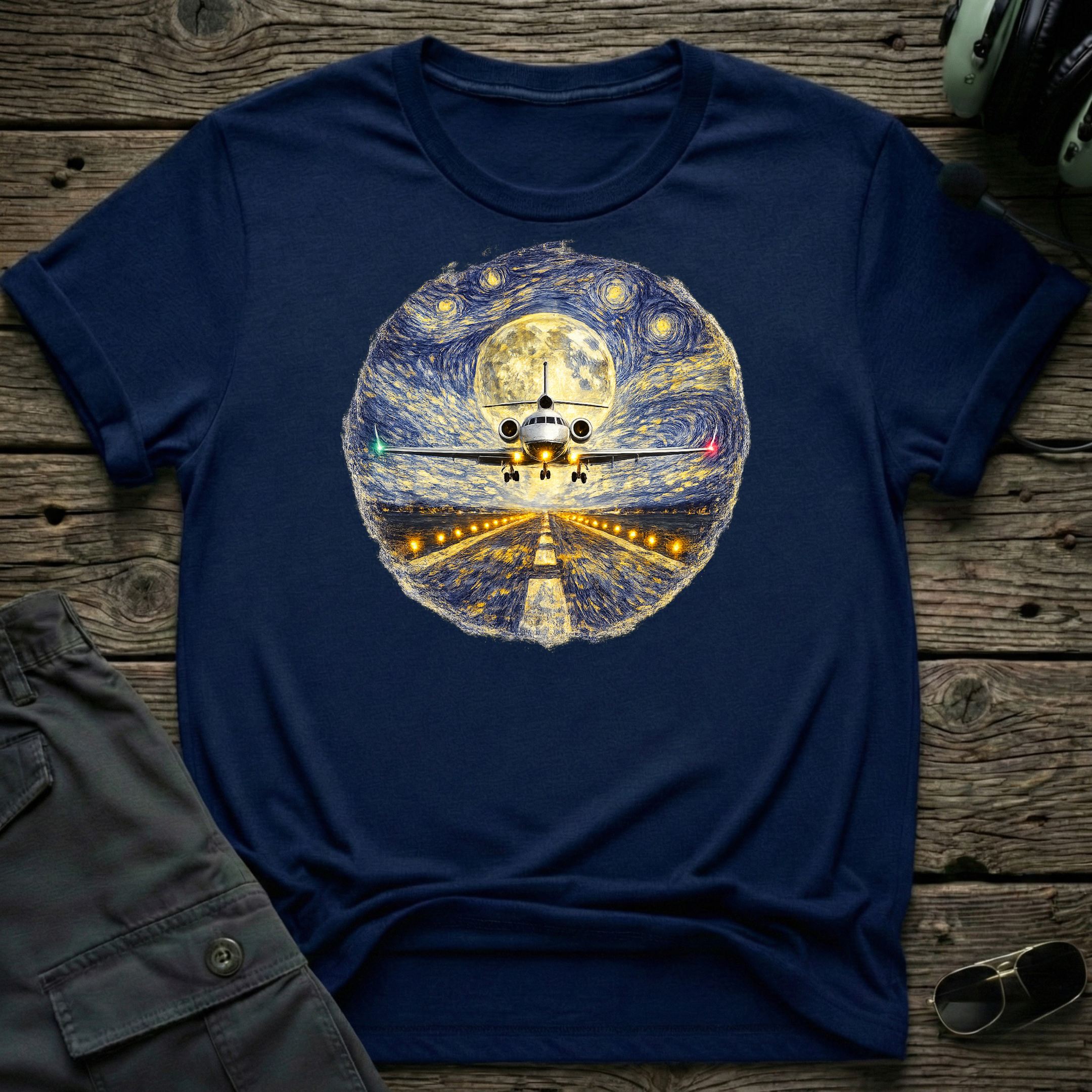 7X Starry Night pilot shirt front view - aviation art gift for pilots and art lovers