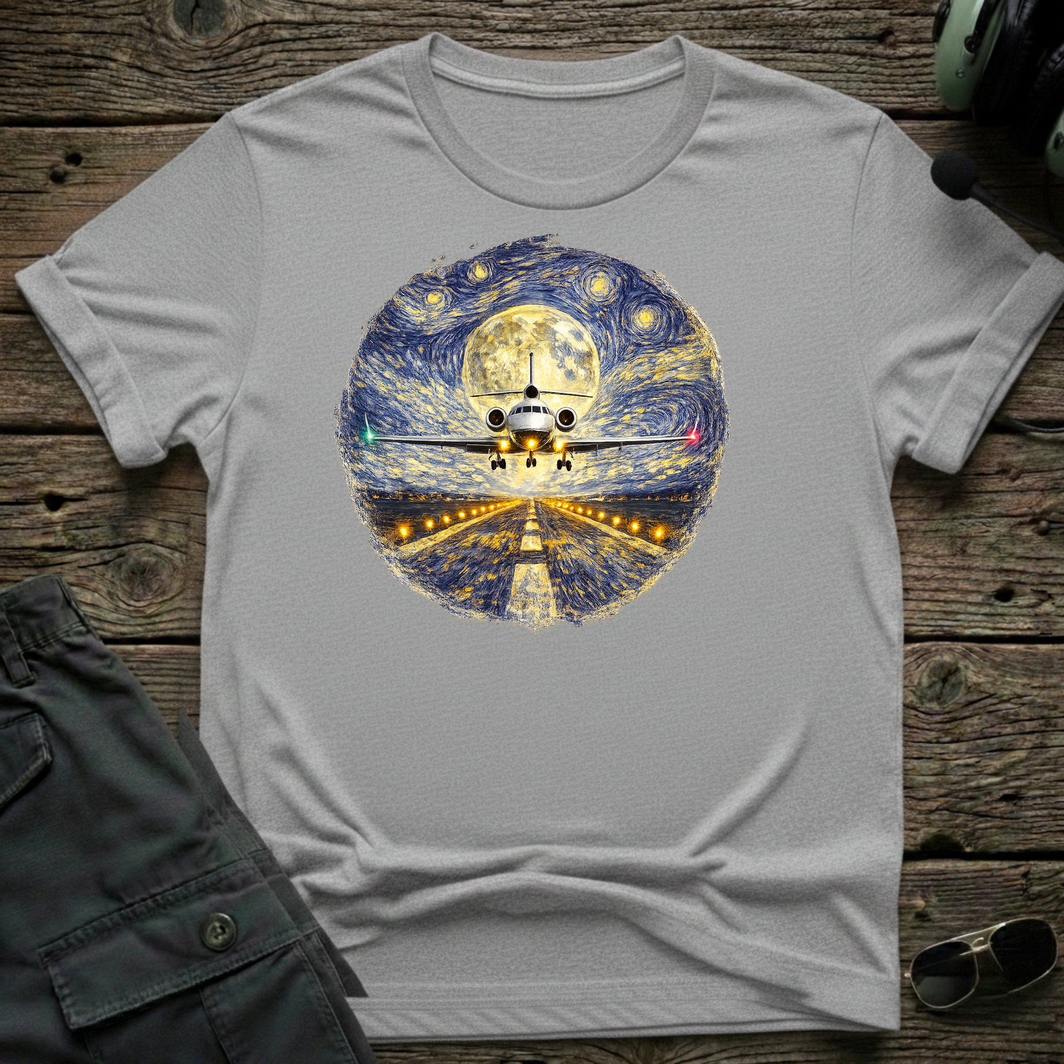Starry night aviation t-shirt - unisex tee with Van Gogh inspired aircraft design