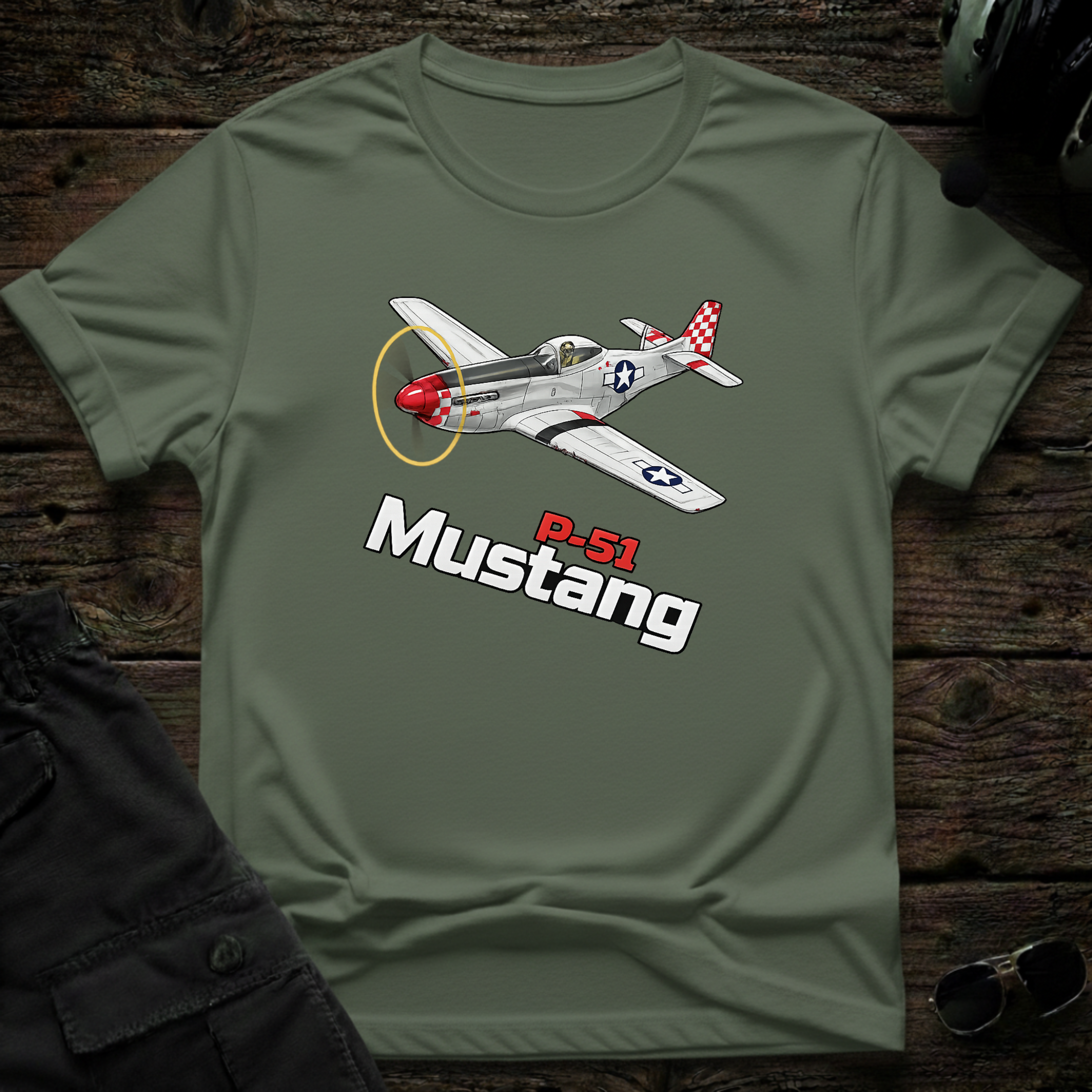 P-51 Mustang front view - premium aviation tee for pilots
