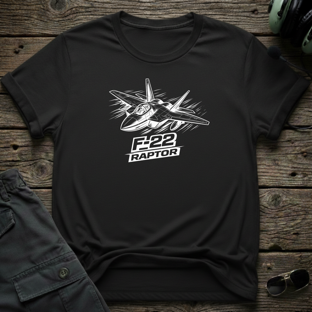 F-22 Raptor Line Art lifestyle shot - Gildan 64000 ring-spun cotton aviation shirt