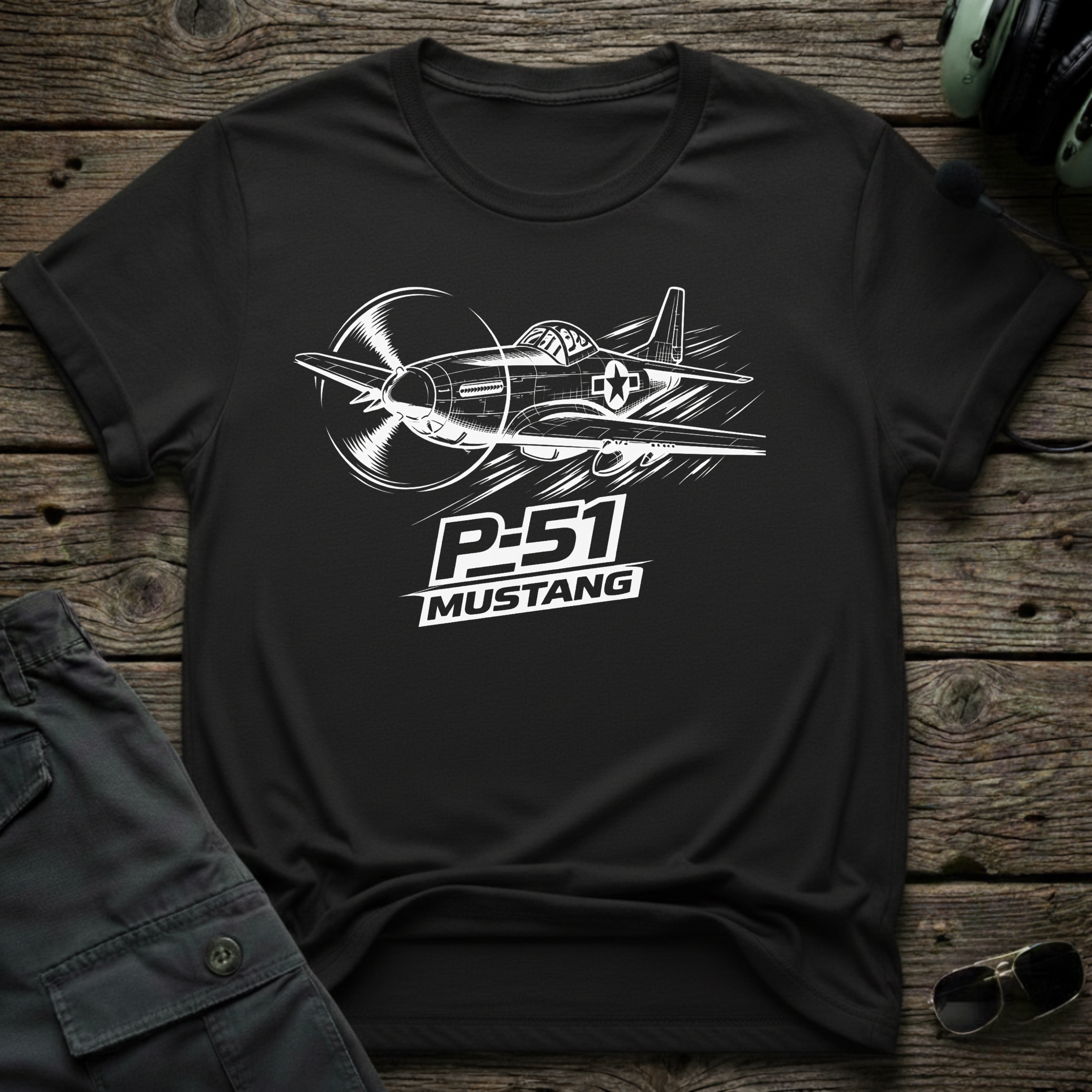P-51 Mustang Line Art front view - premium aviation tee for pilots