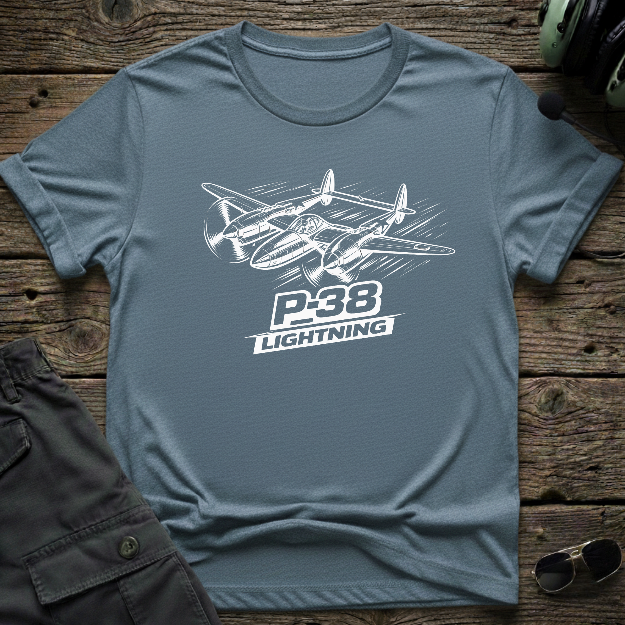 P-38 Lightning Line Art lifestyle shot - Gildan 64000 ring-spun cotton aviation shirt