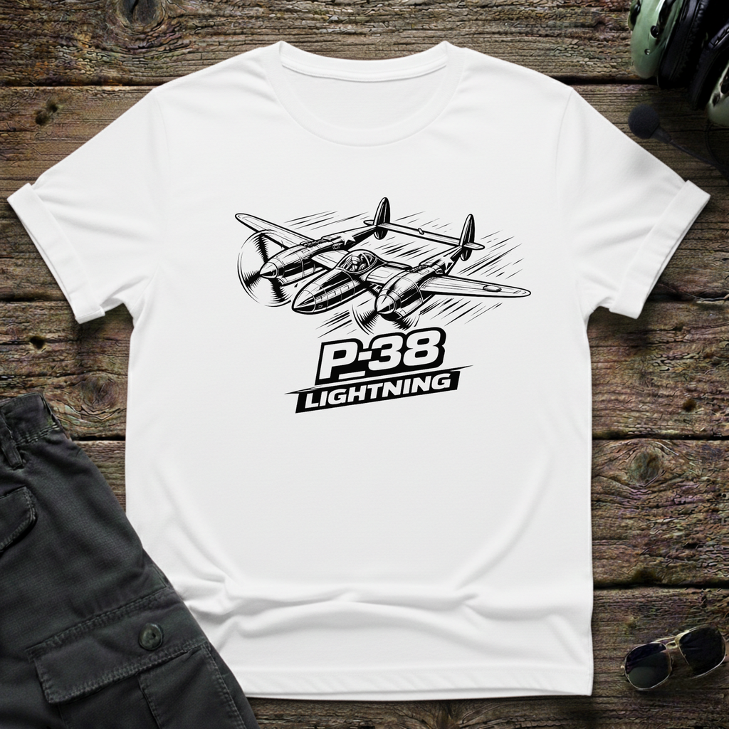 P-38 Lightning Line Art Dark T-shirt — aviation t-shirt