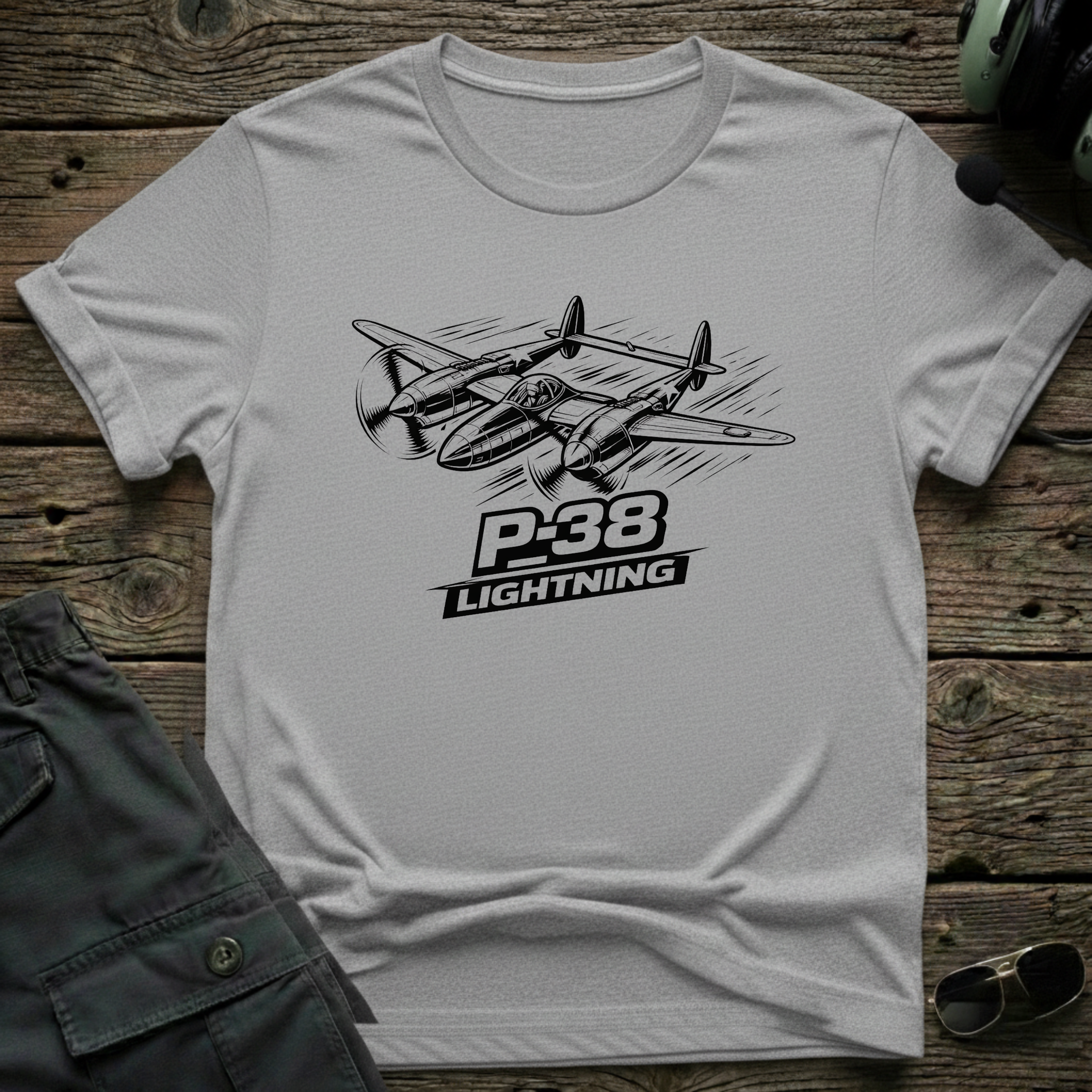 P-38 Lightning Line Art Dark front view - premium aviation tee for pilots