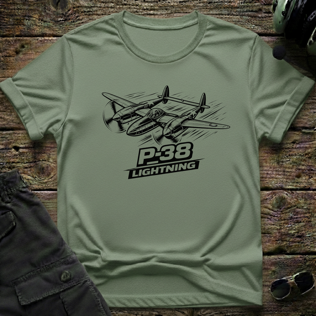 P-38 Lightning Line Art Dark unisex t-shirt - perfect gift for aviation lovers