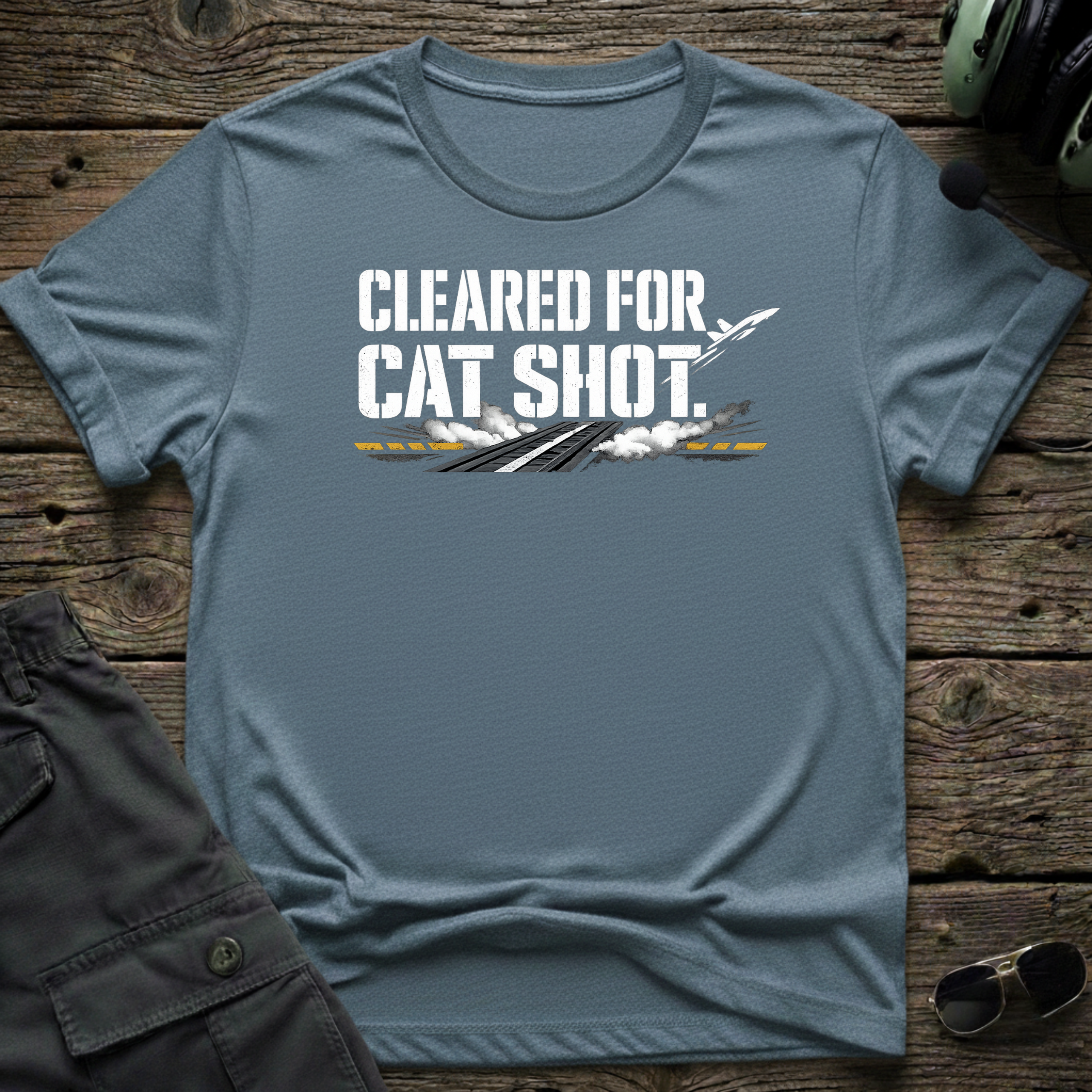 Cleared For CatShot lifestyle shot - Gildan 64000 ring-spun cotton aviation shirt
