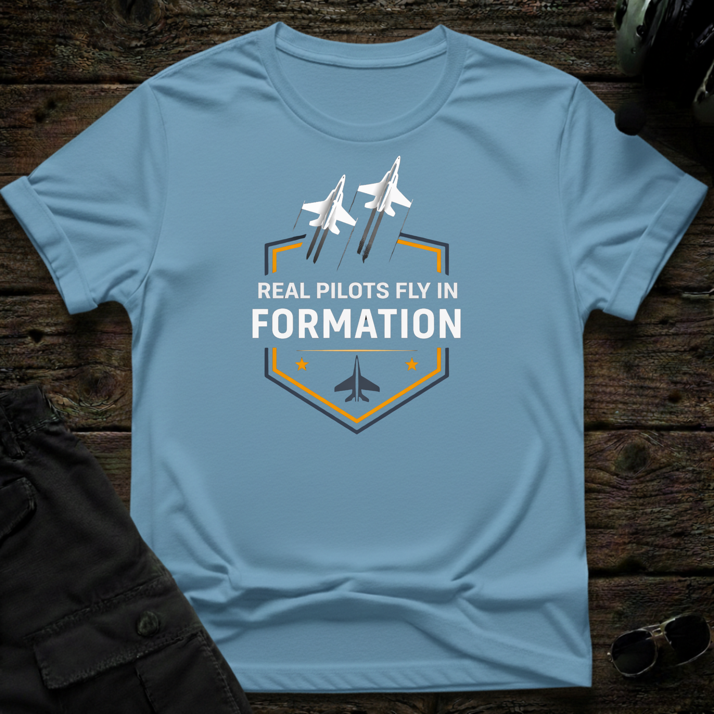 Real Pilots Fly In Formation - Cleared4Tees premium aviation apparel