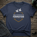 Real Pilots Fly In Formation lifestyle shot - Gildan 64000 ring-spun cotton aviation shirt