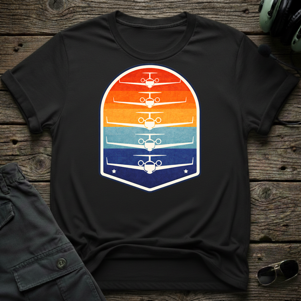 Bizjet Sunset lifestyle shot - Gildan 64000 ring-spun cotton aviation shirt