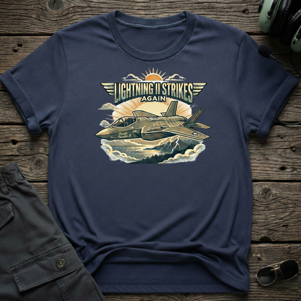 Lightning II Strikes lifestyle shot - Gildan 64000 ring-spun cotton aviation shirt