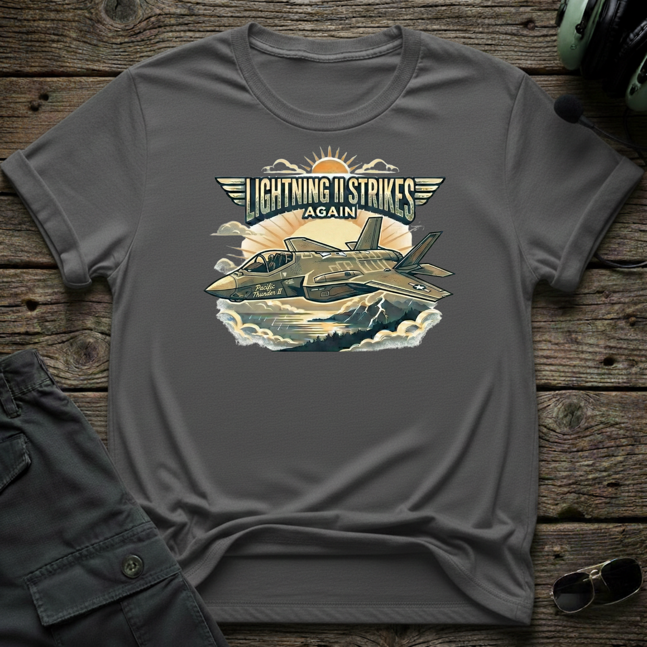 Lightning II Strikes front view - premium aviation tee for pilots