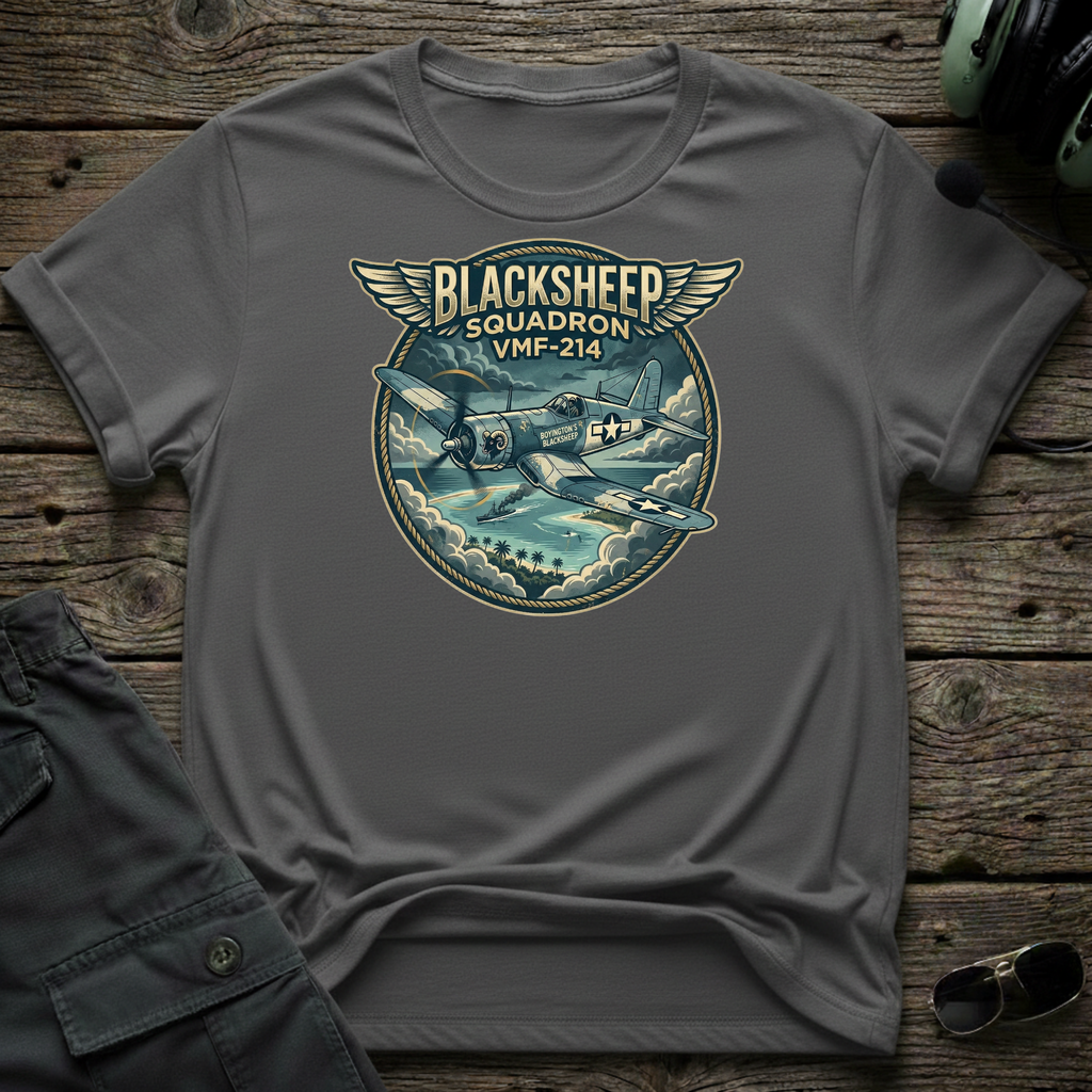 Black Sheep Squadron pilot shirt front view - WWII Corsair warbird gift for aviation history fans