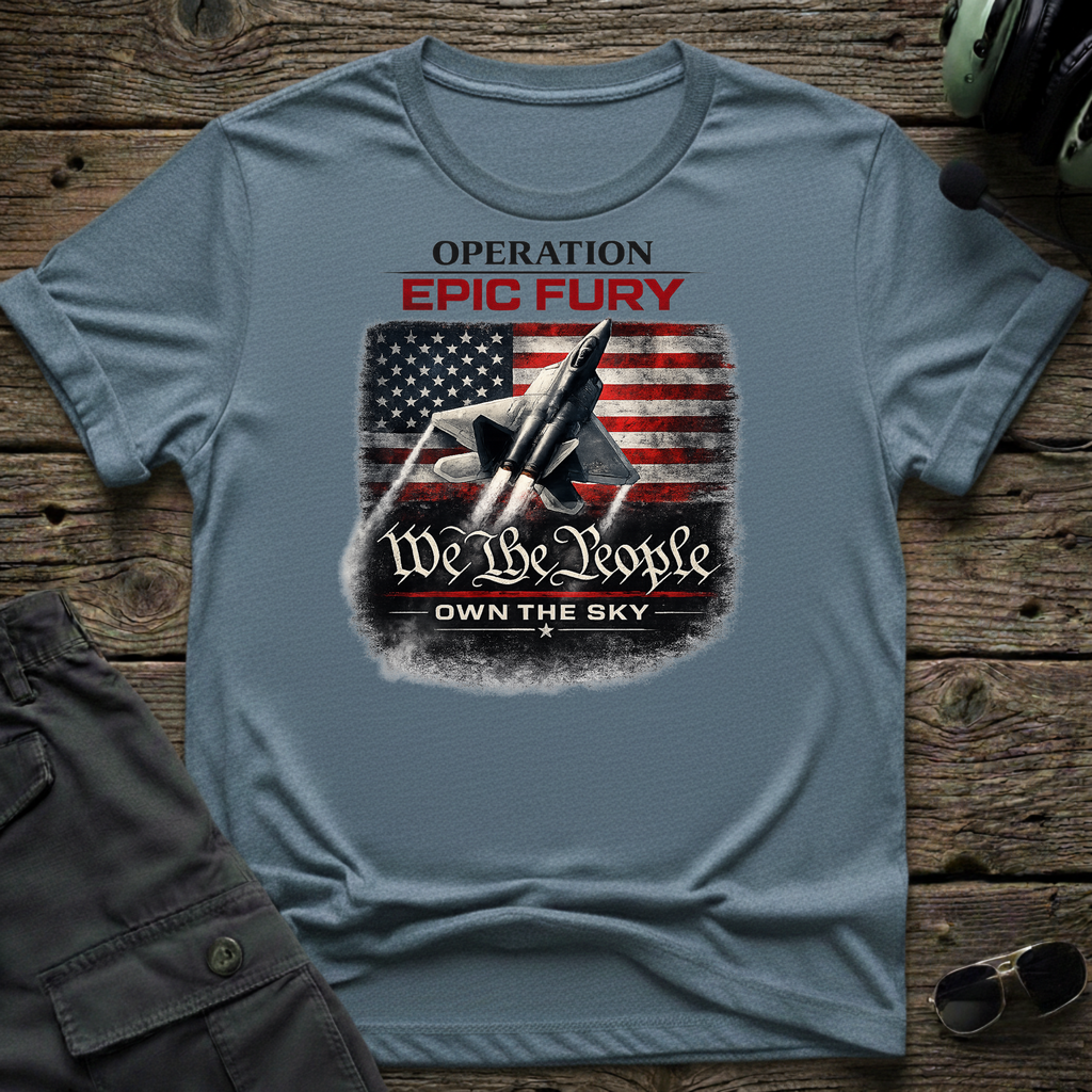 Epic Fury Own the Sky lifestyle shot - Gildan 64000 ring-spun cotton aviation shirt
