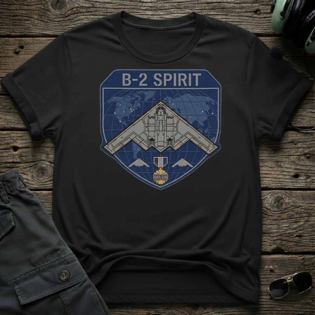 B2 Spirit Badge lifestyle shot - Gildan 64000 ring-spun cotton aviation shirt
