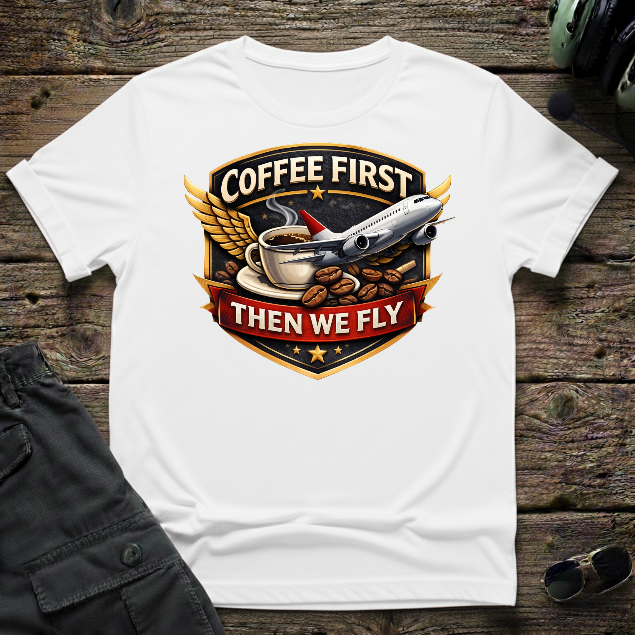 Coffee First front view - premium aviation tee for pilots