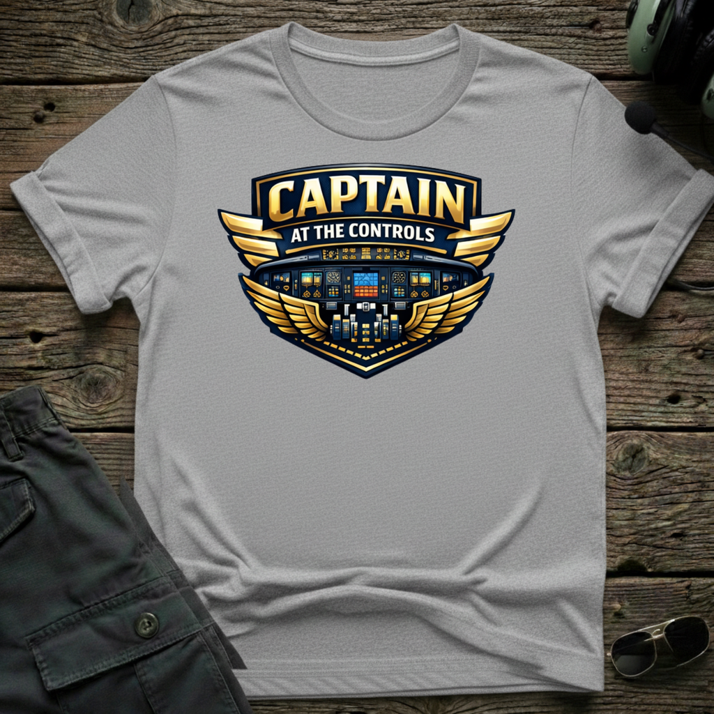 Capt at Controls lifestyle shot - Gildan 64000 ring-spun cotton aviation shirt