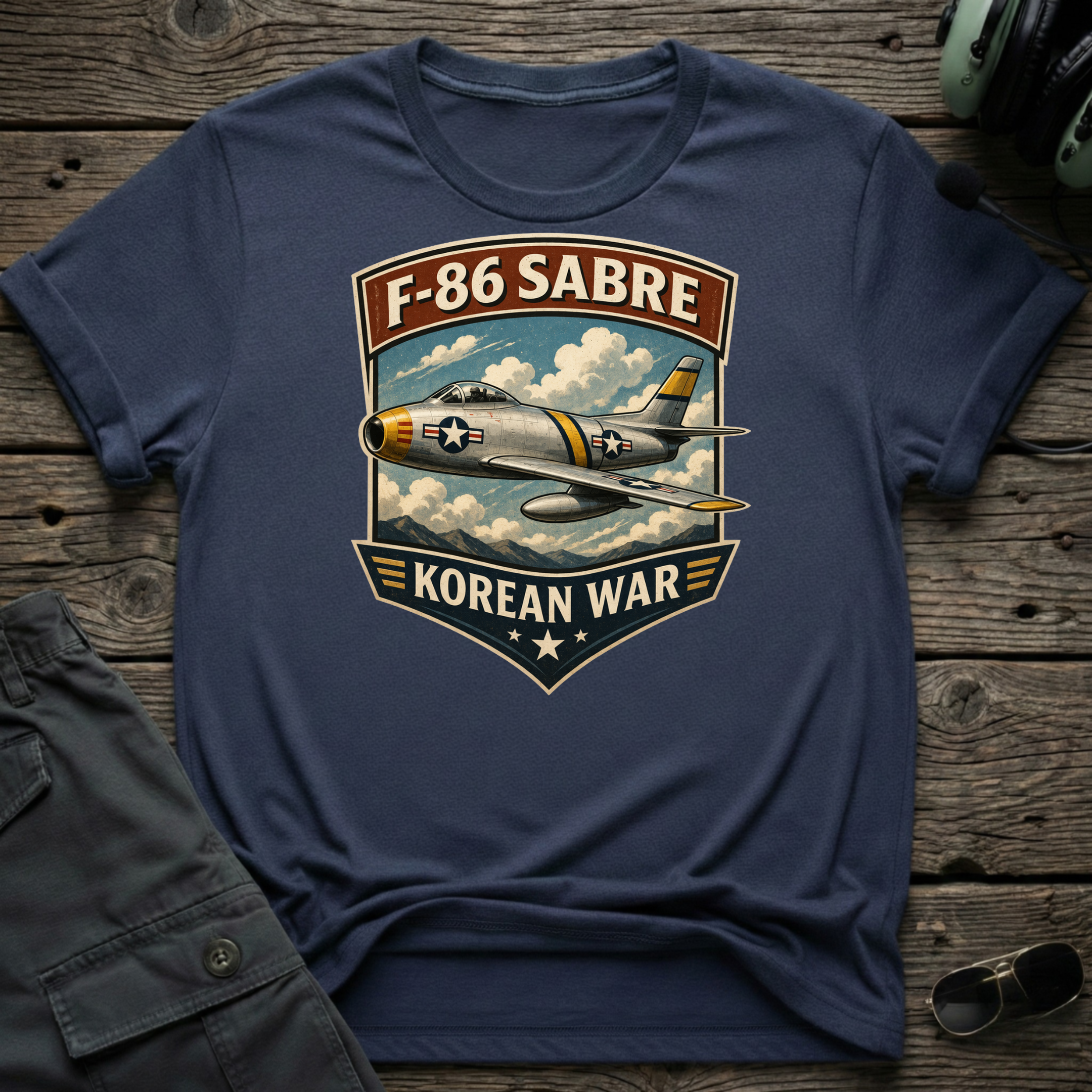 F-86 Sabre lifestyle shot - Gildan 64000 ring-spun cotton aviation shirt