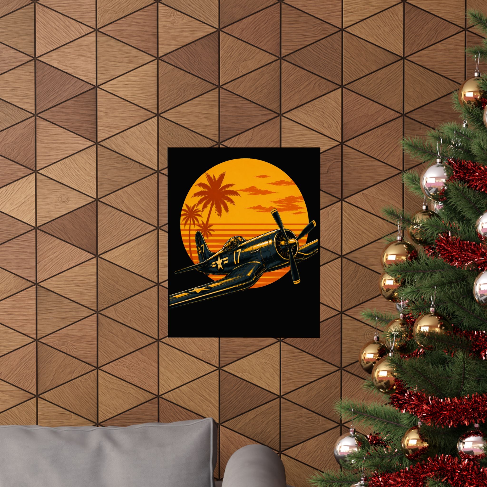 Vintage Warplane Poster — Retro Sunset Corsair Matte Vertical Print