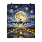 B-747 Starry Night Runway Poster — Van Gogh Moon Aviation Wall Art
