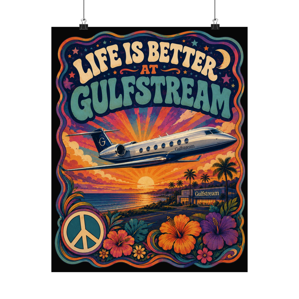 Life Is Better at Gulfstream Matte Poster — Retro Sunset Jet Travel Wall Art