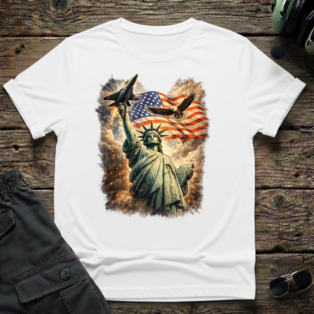 Statue of Liberty American Flag lifestyle shot - Gildan 64000 ring-spun cotton aviation shirt